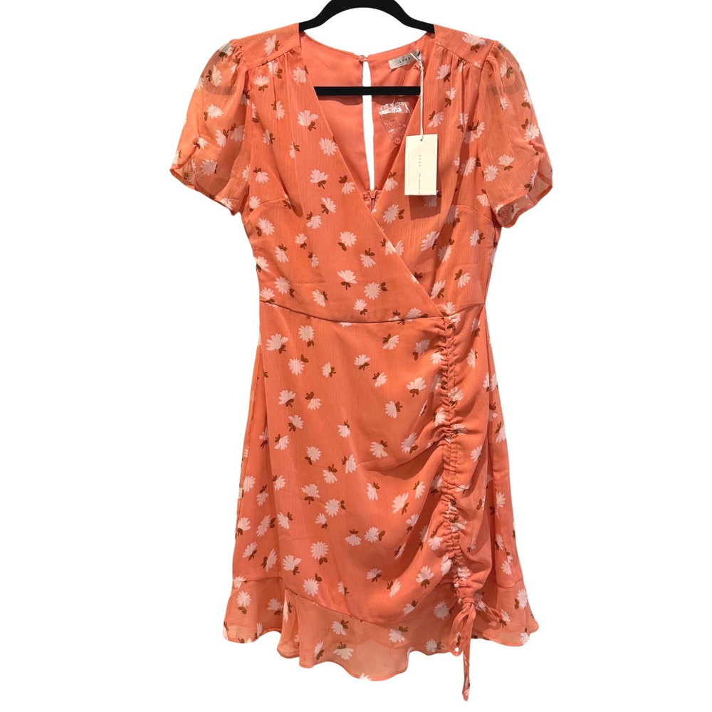 Lush Floral Mini Dress Coral Cottagecore Ruched Ruffle V-Neck Womens Medium NWT